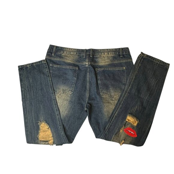 Distressed Slim Straight Jeans denim Patch Ripped Size 38 Lips Bear  Soft  jeans - Picture 6 of 10